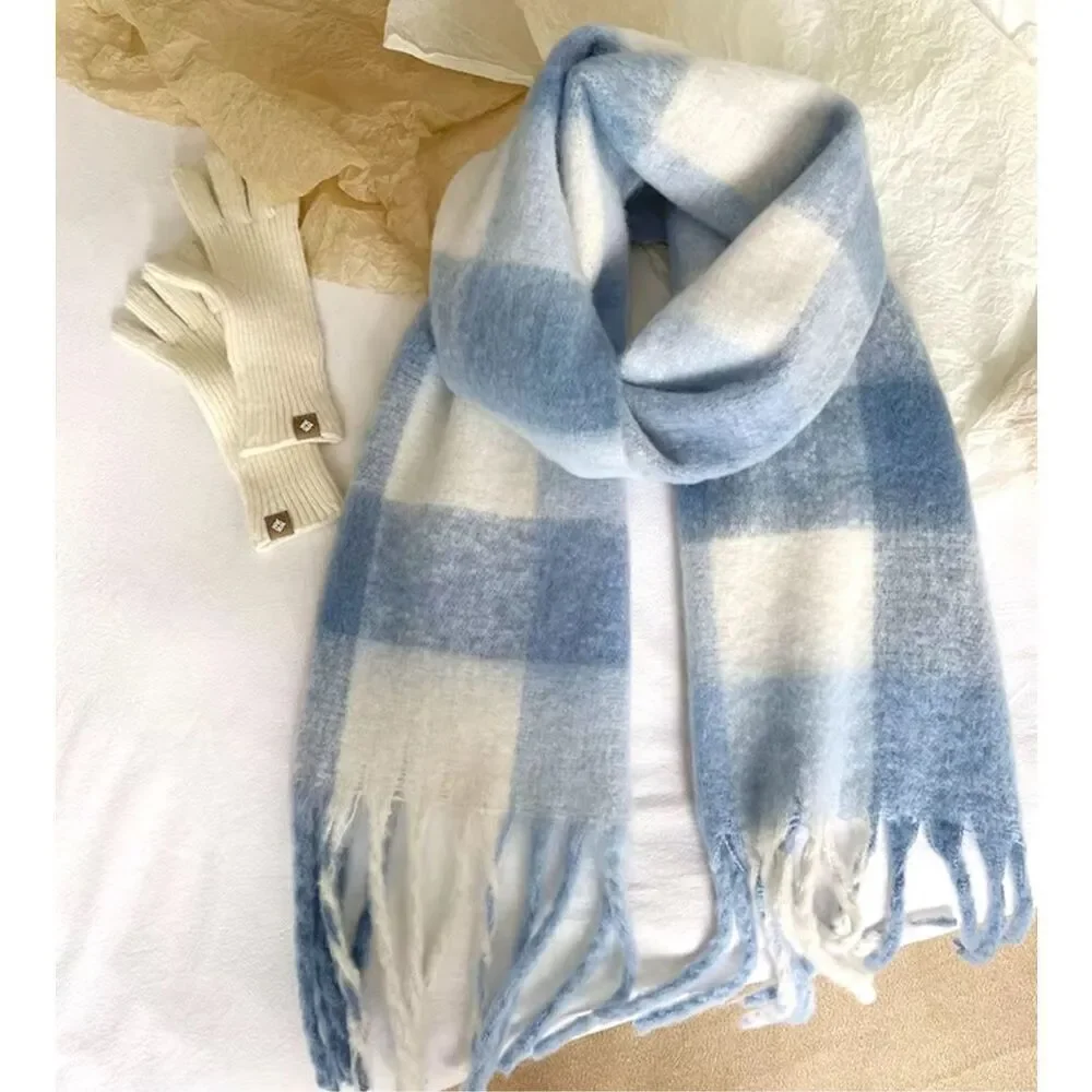 Blue and cream white plaid scarf